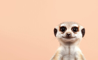 A curious meerkat peeking into the frame against a soft beige background, with an inquisitive and playful expression.