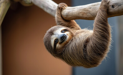 Obraz premium A sloth hanging from a tree branch with a gentle smile, appearing relaxed and content in its natural habitat.