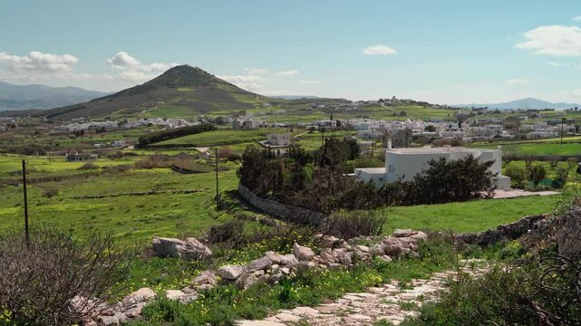 walking on a byzantium path in Prodromos of Paros, Greece in spring 