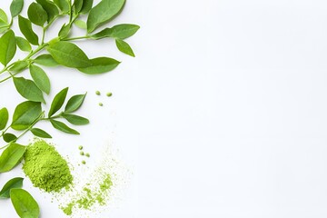 Fototapeta premium Green herbal powder with fresh leaves and seeds on a white background, symbolizing organic superfoods, natural supplements, and holistic wellness