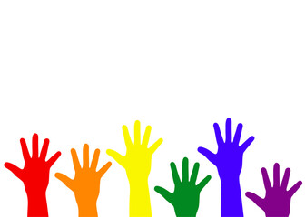 Logo lgbt. Mes del orgullo. Banner con grupo de manos alzadas con los colores de la bandera arcoiris 