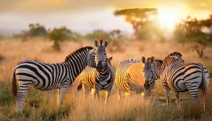 Vibrant Plains of East Africa A Striking Encounter with Majestic Zebras Basking in the Warm African Sunlight, Capturing the Energy and Grace of Natures Dazzling Creatures.