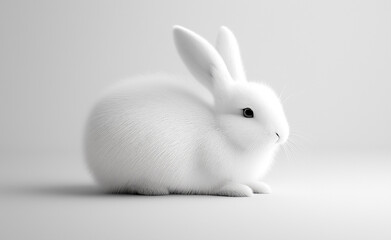 Obraz premium A pure white rabbit sitting against a soft white background, its fur appearing fluffy and delicate.