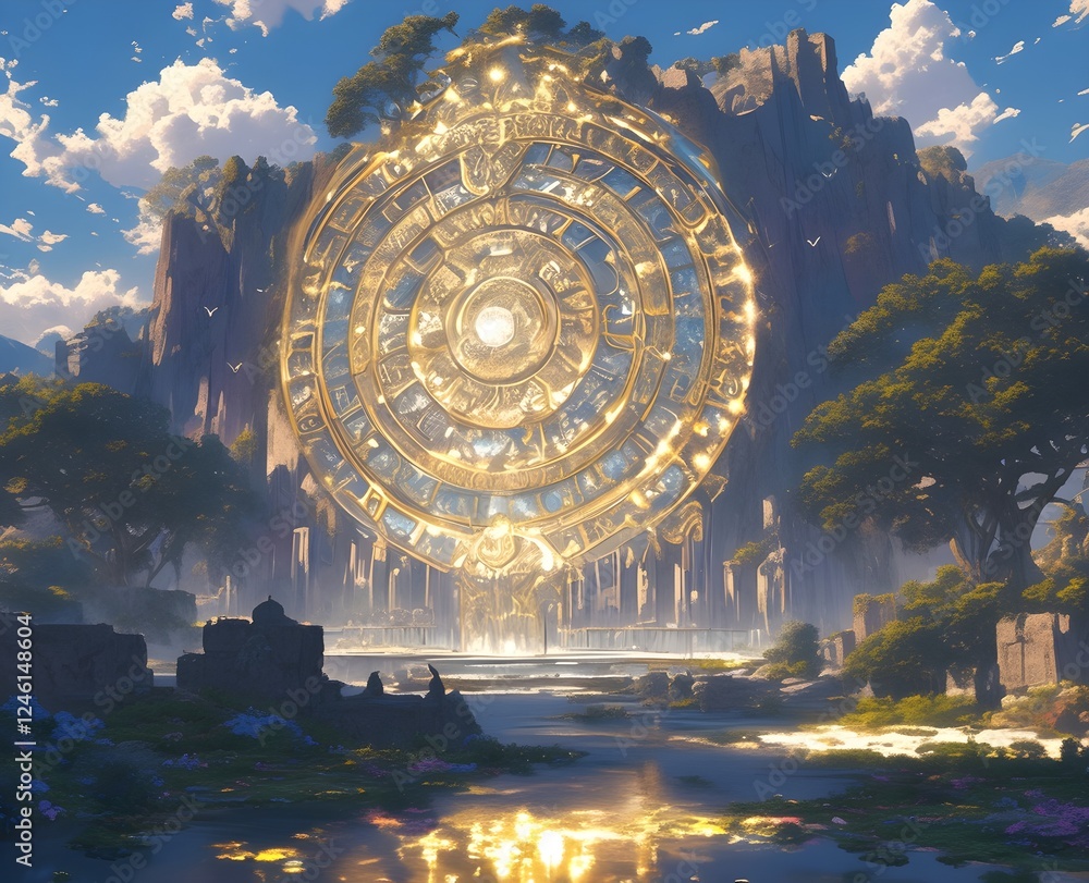 Wall mural A golden magical portal on an ancient island connected to an ancient city from a fairy tale