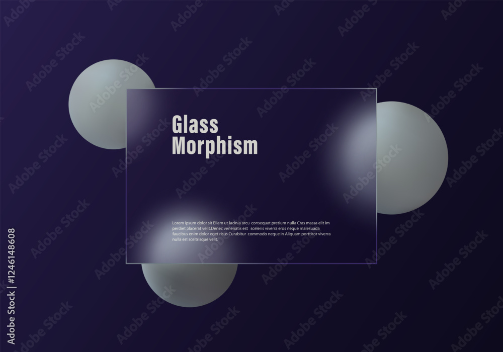 Aufkleber dark gradient background and banner made of transparent material with spheres in glass morphism styl
