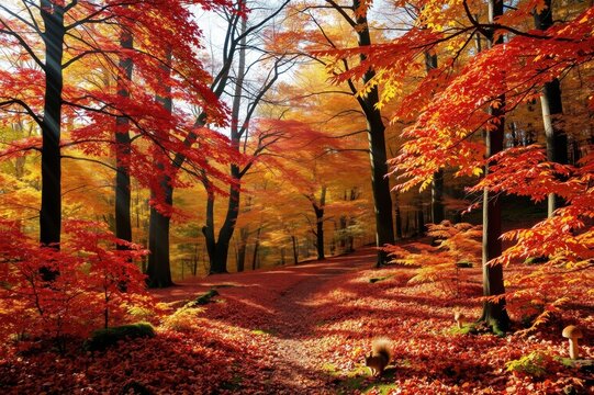 Autumnal Forest Path with Squirrels