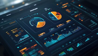 High-tech sales analytics dashboard with 3D pie charts and glowing metrics in a clean digital workspace.