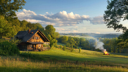 Obraz premium Cozy Rustic Wooden House Surrounded by Peaceful Rural Landscape and Lush Greenery