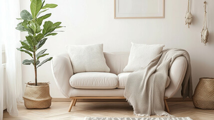 Obraz premium Bright Scandinavian Style Living Room with Light Wooden Furniture and Cozy Textiles