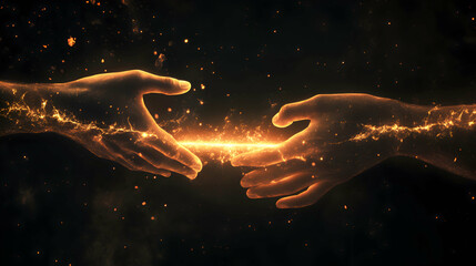 A pair of hands reaching toward each other, with glowing light connecting them, symbolizing connection and unity