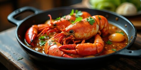 Sizzling hot pan with lobster and garlic butter, spicy, homarus gammarus, lobster
