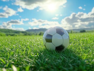 Fototapeta premium A soccer ball rests on vibrant green grass.
