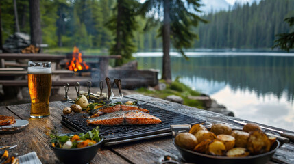 Scenic Lakeside Barbecue in Canada with Freshly Grilled Salmon and Beer by the Water