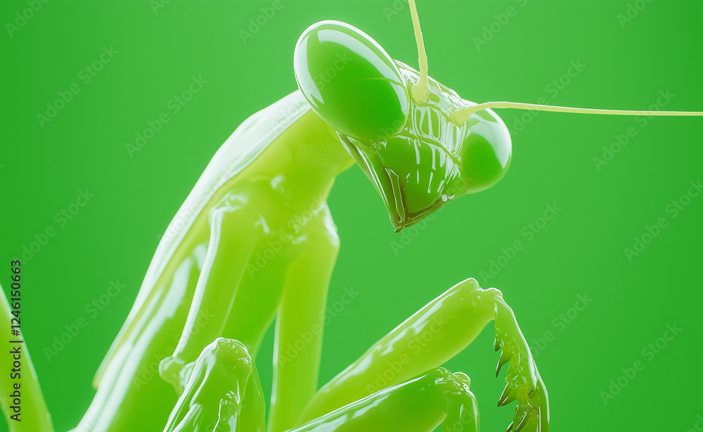 Poster a striking green praying mantis with an intense gaze and sharp features against a vivid green backgr