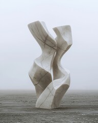 Abstract marble sculpture on foggy deserted landscape 
