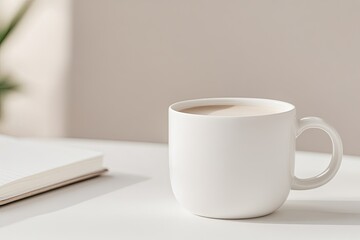close-up of white coffee cup on therapist desk with softly blurred notebook in background