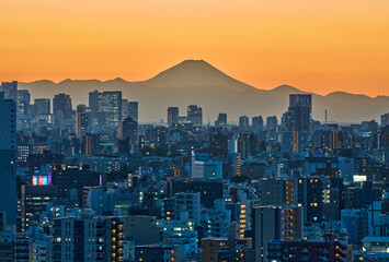 Naklejka premium Tokyo City Skyline with Mount Fuji at Sunset