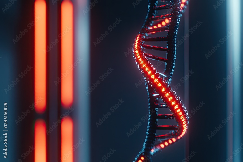 Poster close-up shot of digital holographic screen displaying animated dna sequence being cloned sleek futu
