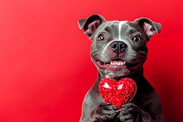 Cute staffordshire bull terrier pooch with diamond red heart - sign of love, funny greeting card. Digital ads artwork. Staffordshire bull terrier - my cherished dog. Heart-shaped toys.
