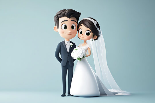 A cartoon couple in wedding attire, smiling together, showcasing love and celebration.
