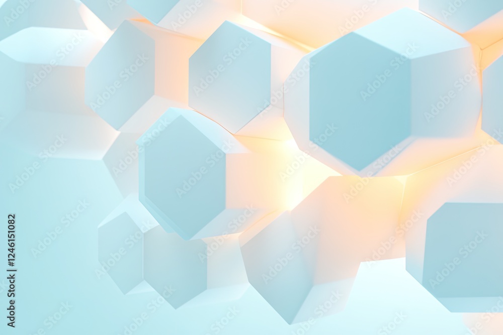 Poster complex 3d geometric pattern created by overlapping translucent hexagons emitting soft internal glow