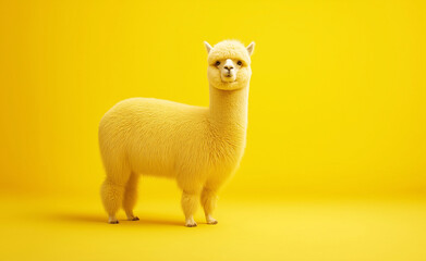 Fototapeta premium A fluffy yellow alpaca staring directly at the camera with a calm and curious expression against a yellow background.