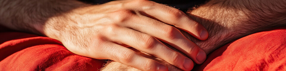 Close-up of Male Hands on Red Fabric