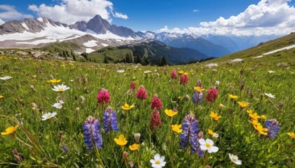 Obraz premium Alpine Meadow with Wildflowers and Snow-Capped Mountains