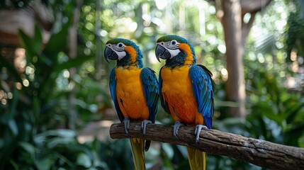 Two macaws perched on branch, lush tropical garden background, nature wildlife photography