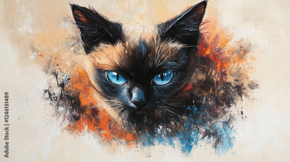 Poster full canvas painting of siamese cat bold pastels and fluid art forming its shape with sharp edges an