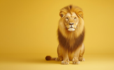 Obraz premium A regal lion sitting proudly with a golden mane against a vibrant yellow background.