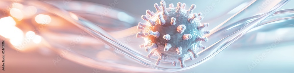 Poster digital rendering of spherical vaccine cell surrounded by energy waves symbolizing immune response set against softly