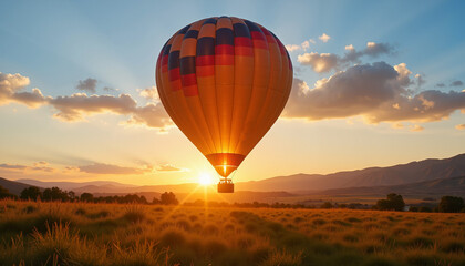 Naklejka premium Vibrant hot air balloon soaring at sunrise, uplifting adventure