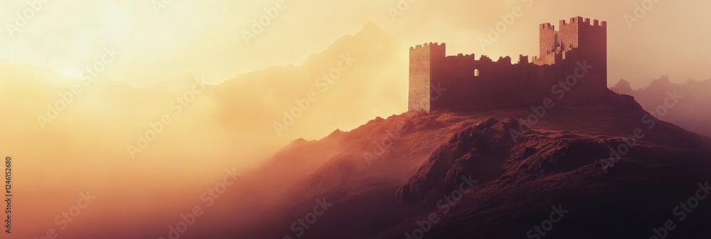 Poster minimalist view of ancient castle on hilltop at sunset with space for custom text. generative ai