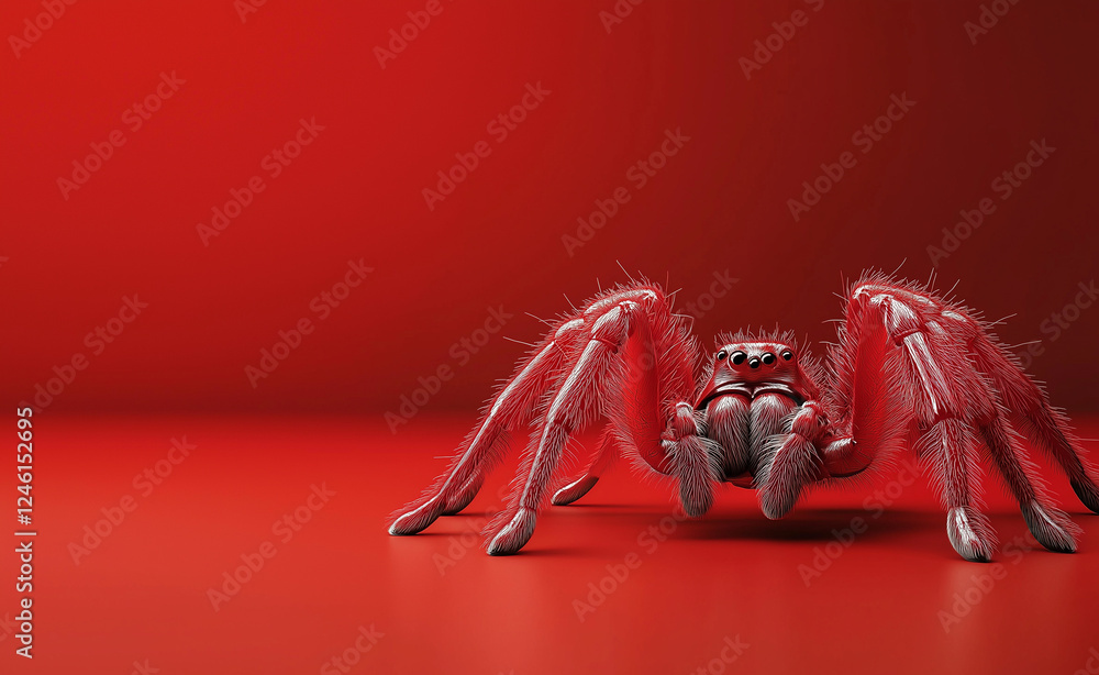 Poster a surreal red spider with a hairy body and sharp fangs set against a deep red background.