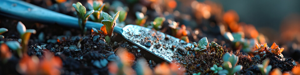 Gardening Trowel and Seedlings in Soil
