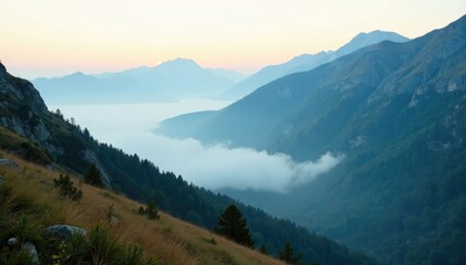 Obraz premium Misty morning veils the rugged mountain terrain, misty, terrain