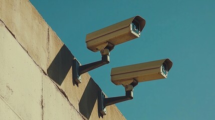 Two security cameras on wall, clear sky.  Security, surveillance, safety
