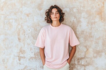 gender-neutral individual standing against textured wall hands in pockets exuding quiet confidence