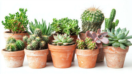 Obraz premium Beautiful Selection of Potted Succulents and Cacti in Terracotta Pots for Home Decor