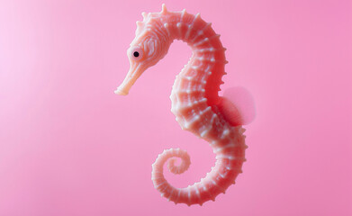 Fototapeta premium A delicate pink seahorse with a curled tail floating gracefully against a soft pink background.