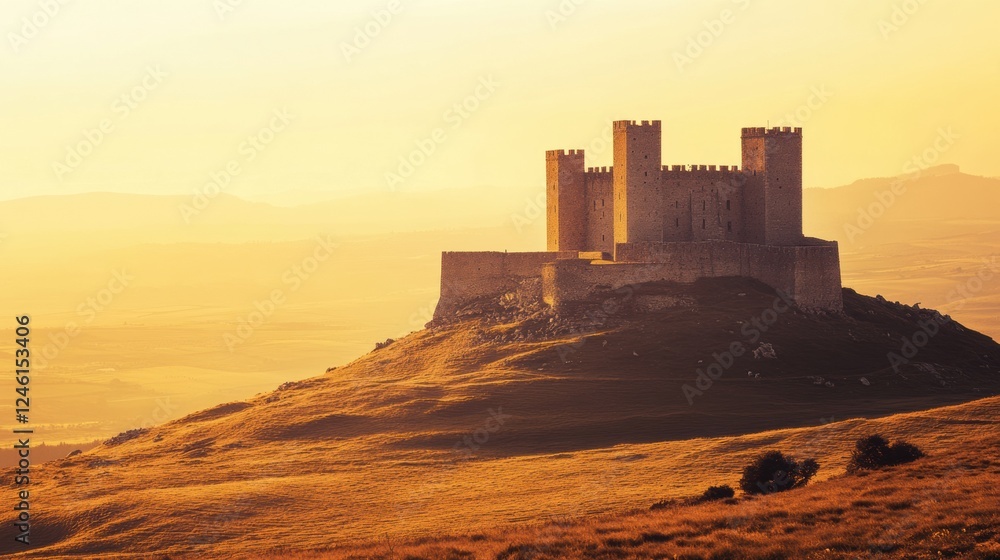 Poster breathtaking view of an ancient castle perched on a hilltop during sunset over rolling valleys. gene