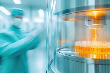 high-speed centrifuge machine processing vaccine samples inside research laboratory with blurred motion effects emphasizing