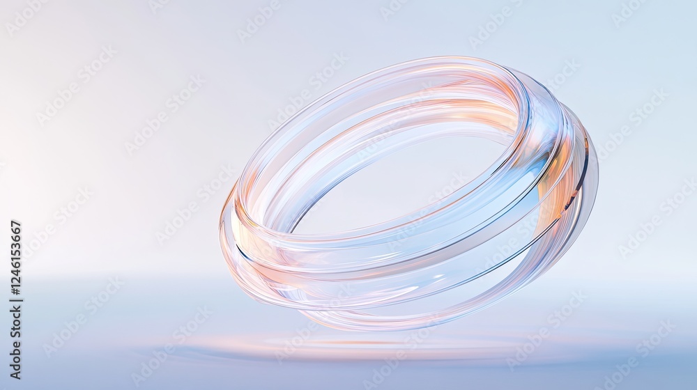 Poster levitating 3d-rendered ring structure composed of layered transparent materials casting intricate li