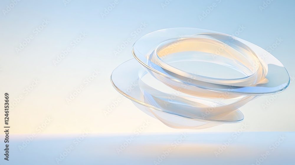 Poster levitating 3d-rendered ring structure composed of layered transparent materials casting intricate li