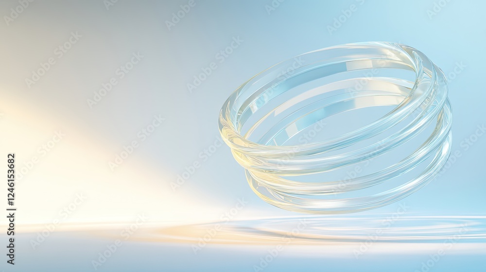 Poster levitating 3d-rendered ring structure composed of layered transparent materials casting intricate li