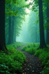 Obraz premium Misty forest trail winding through trees foggy, green, morning