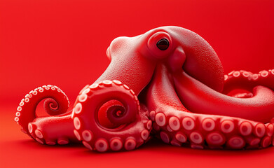 A red octopus with textured skin and curled tentacles resting against a deep red background.