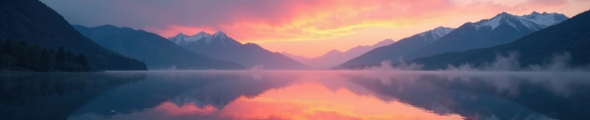 Fototapeta premium Misty dawn breaks over a calm lake in the mountains, dawn, water, mountain