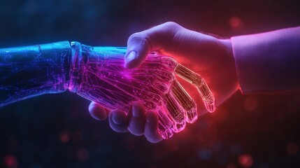 A robotic hand shaking hands with a human hand over a glowing futuristic interface, symbolizing AI-human collaboration